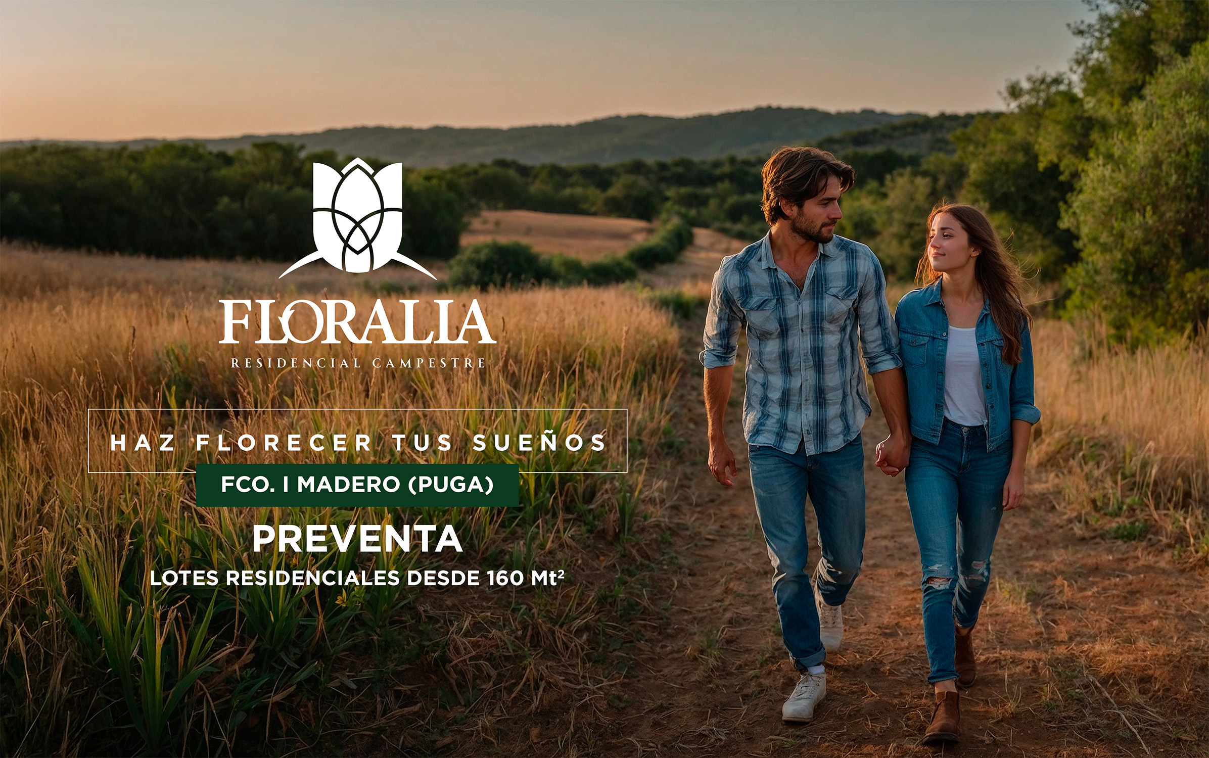 Pareja caminando en un entorno campestre de Floralia